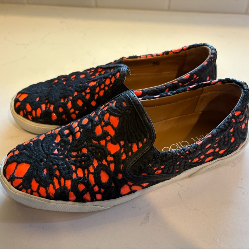 Jimmy Choo Black and Neon Orange Lace Sneakers with Lace Overlay  size 36 US 6